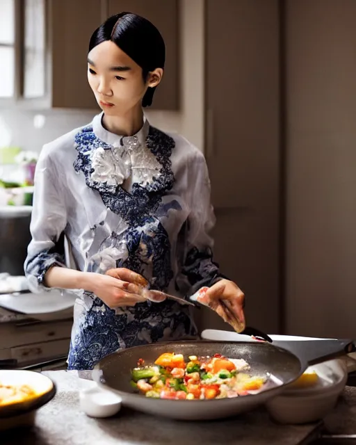 Prompt: wide shot photoshoot of tao okamoto preparing a meal, 8 k, photorealistic