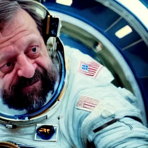 Image similar to film still of astronaut slavoj zizek falling away from the space station in gravity