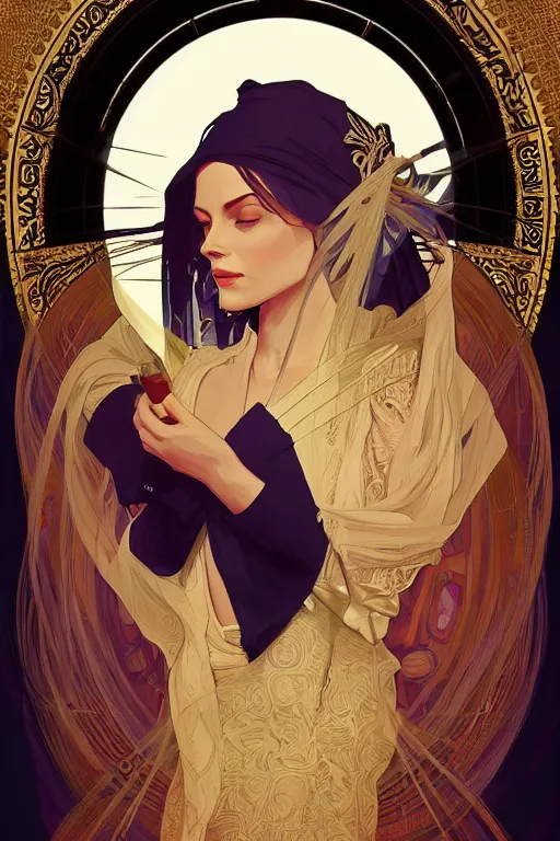 Image similar to high priestess, no noise, elegant, concept art, sharp focus, beautiful face!!, digital art, smooth defined outlines!!, human anatomy, human structure, vector background, by Brom, trending on Artstation, Alphonse Mucha, Tom Bagshaw, Sargent