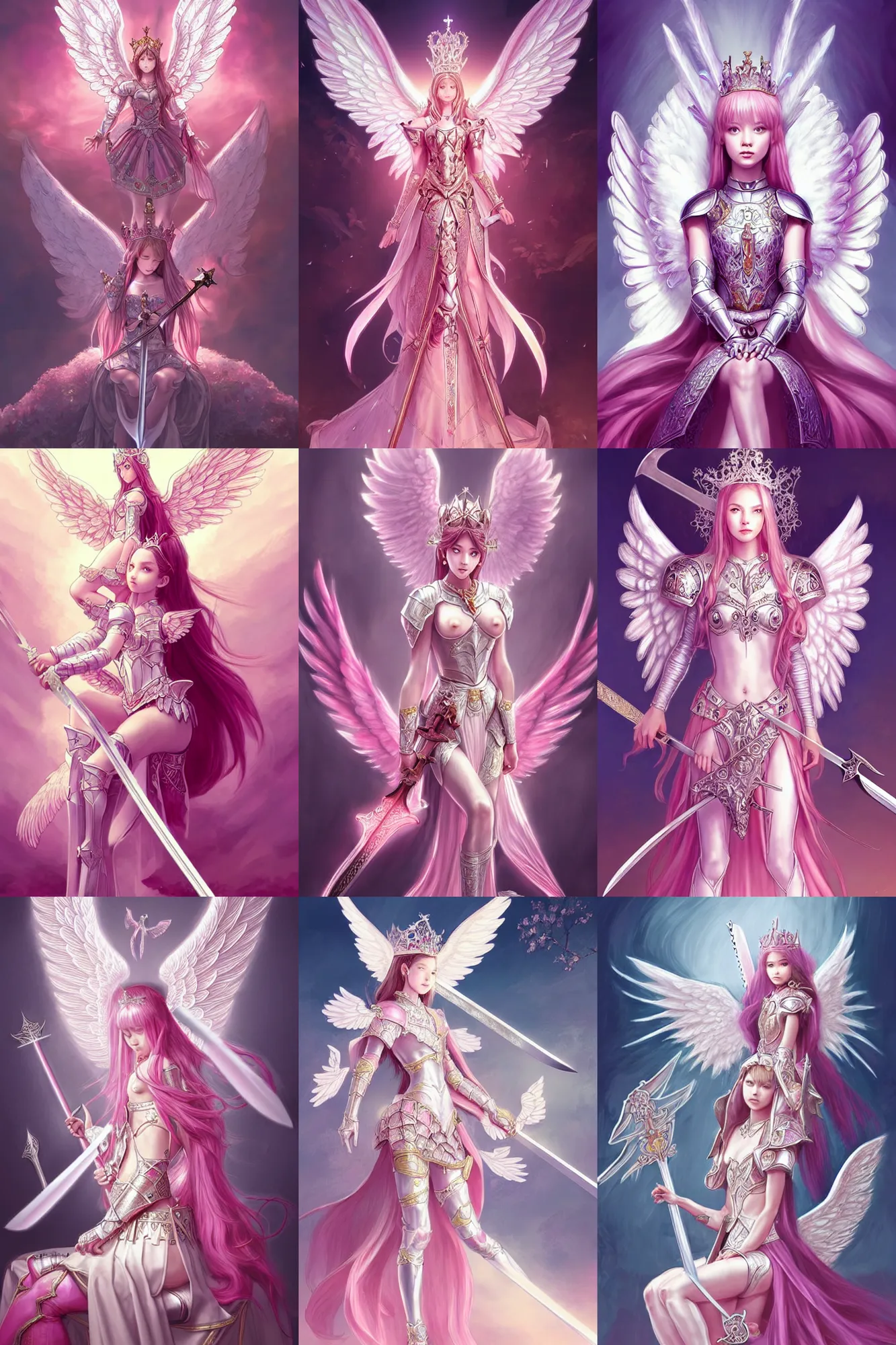 Prompt: gorgeous!! hyper - realistic princess wearing ornate pink knight armor, angel wings, angemon l sitting at the thrown, holding a long sword | divine, elegant | illustration | drawn by wlop, drawn by jeehyung lee, drawn by artgerm