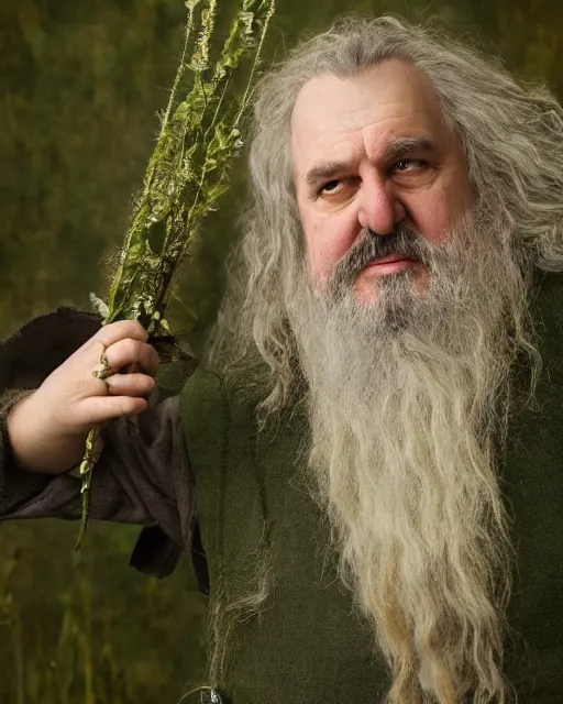 Prompt: annie leibovitz style photoshoot of peter jackson dressed as tom bombadil, lotr, tolkien, weta workshop style, hyperreal