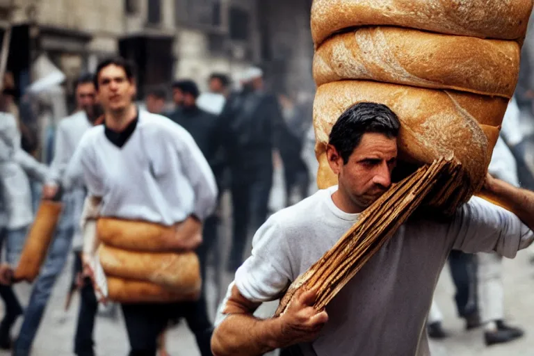 Image similar to closeup potrait of a man carrying baguettes over his head during a scorching fire in Paris, photograph, natural light, sharp, detailed face, magazine, press, photo, Steve McCurry, David Lazar, Canon, Nikon, focus