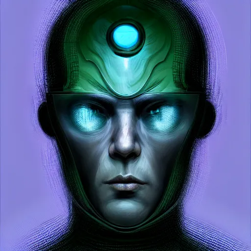 Image similar to scifi character portrait of man in the style of android jones and zdzislaw beksinski, 1 / 4 headshot.