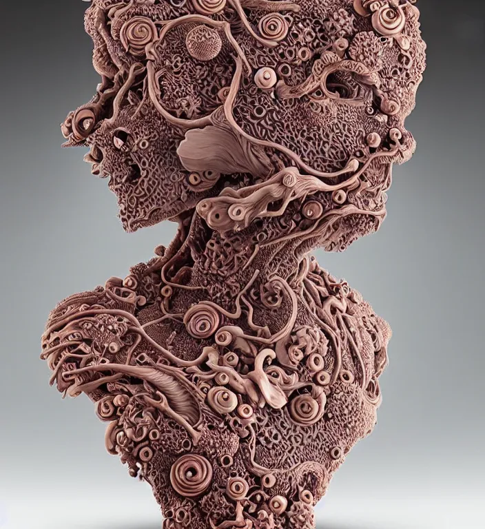 Image similar to Monster, A Close up photo-real delicate ceramic porcelain sculpture of a symmetrical ornate detailed in front of an intricate background by Victo Ngai and takato yamamoto, micro detail, backlit lighting, face in focus, subsurface scattering, translucent, thin porcelain, octane renderer, colorful, physically based rendering, japanese pottery, trending on cgsociety