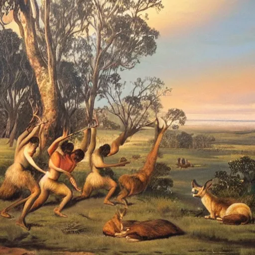 Image similar to a oil painting of aboriginal australians hunting kangaroos