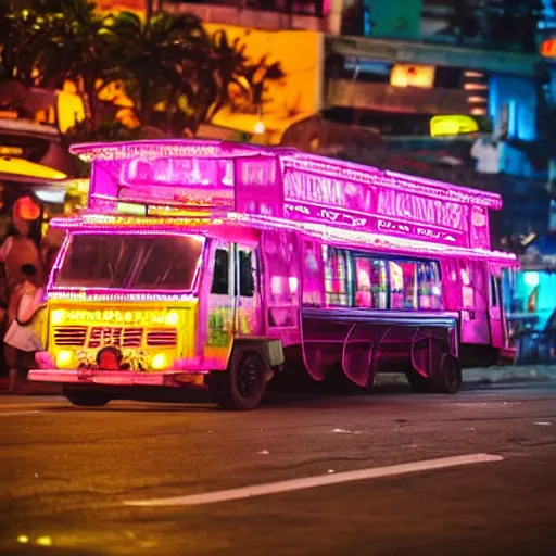 Prompt: a pink cyberpunk philippine jeepney at a neon lit busy road