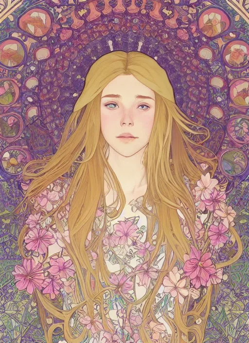 Image similar to pretty young man with shoulder length blond hair, half body shot, emotional, decorative flower patterned background, path traced, highly detailed, high quality, digital painting, by studio ghibli and alphonse mucha, leesha hannigan, hidari, disney, jules bastien - lepage, art nouveau, martine johanna, android jones, andreas rocha