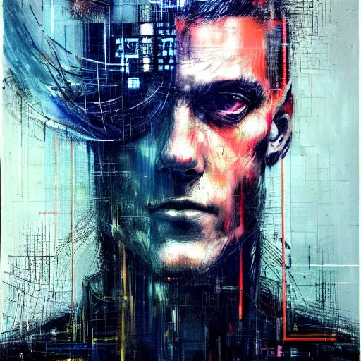 Prompt: hyperrealistic portrait of a cyberpunk man in cyberspace, by Guy Denning, Johannes Itten, Russ Mills, hacking effects, detailed lines, smooth, glitch eyes, color blocking!, acrylic on canvas, insane detail, intricate, front view, symmetrical, octane, concept art, abstract, artistic, 8k, cinematic, trending on artstation