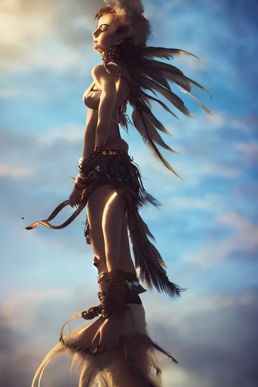 Image similar to beautiful young wind spirit, leather top, feather skirt, , golden hour, full body, post apocalyptic setting, medium shot, mid-shot, highly detailed, trending on Artstation