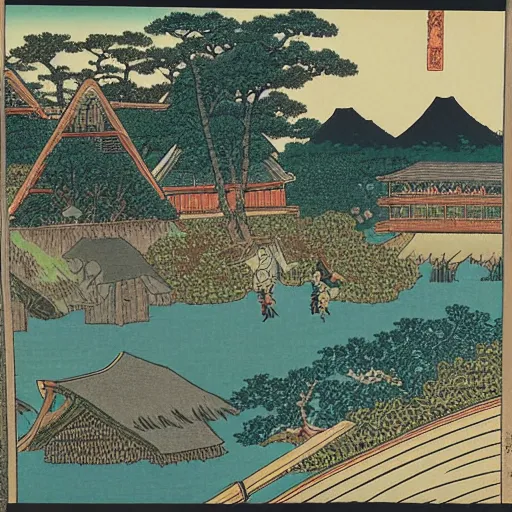 Prompt: village by a lake, 8k, ultra detailed, Ukiyo-e style by Katsushika Hokusai