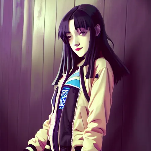 Image similar to a beautiful boyish kat dennings alluring gravure model, wearing oversized mayan bomber jacket and leotard with overalls, bulky poofy aztec native style bomber jacket with mayan patterns, gapmoe yandere grimdark, trending on pixiv fanbox, painted by greg rutkowski makoto shinkai takashi takeuchi studio ghibli, akihiko yoshida