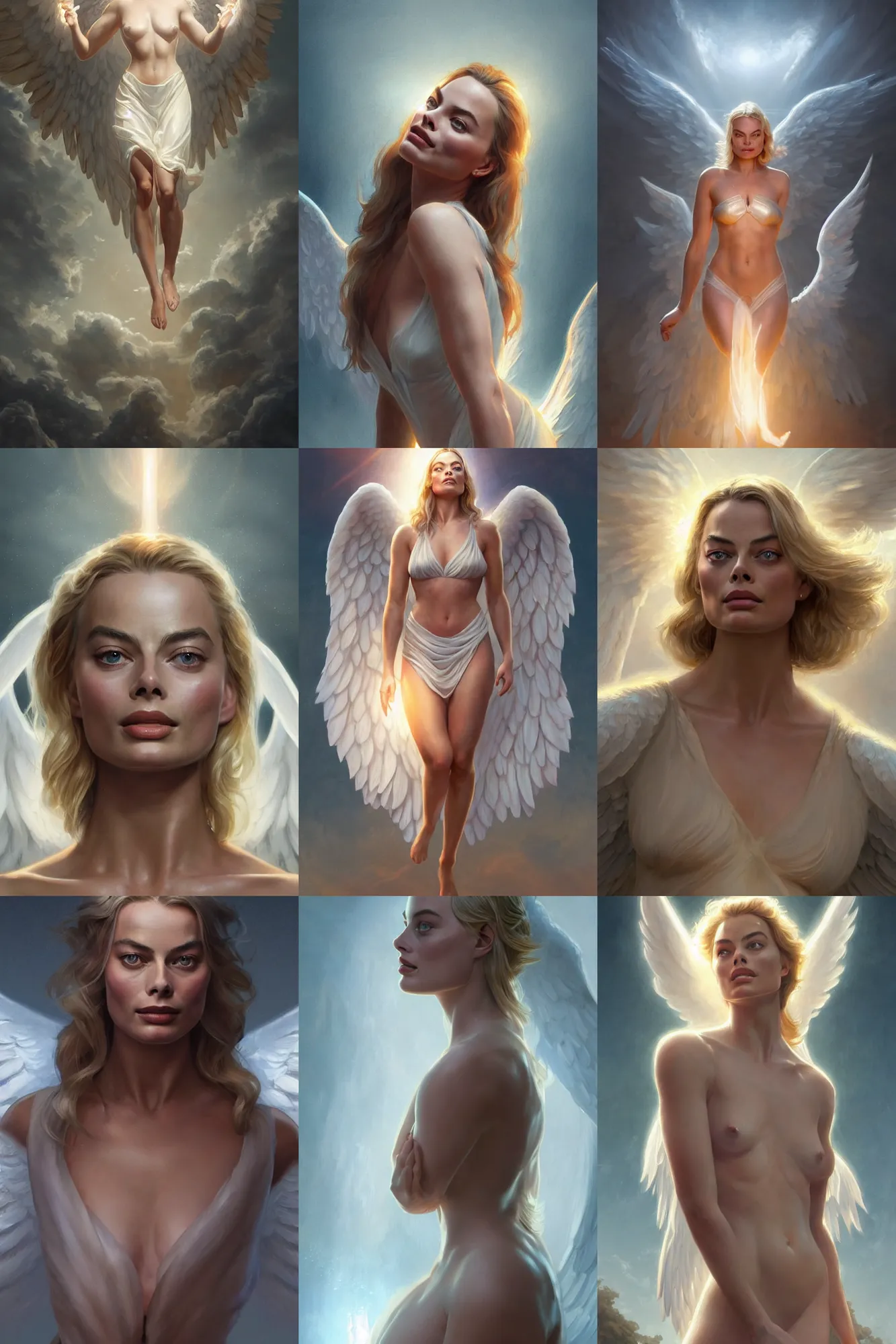 Prompt: margot robbie as a heavenly angel, anatomy, bathing in light, highly detailed, digital painting, artstation, concept art, smooth, sharp focus, illustration, unreal engine 5, 8 k, art by art by artgerm and greg rutkowski and edgar maxence