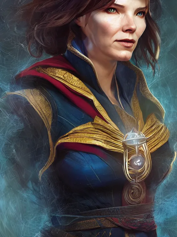 Image similar to female doctor strange, au naturel, hyper detailed, digital art, trending in artstation, cinematic lighting, studio quality, smooth render, unreal engine 5 rendered, octane rendered, art style by klimt and nixeu and ian sprigger and wlop and krenz cushart