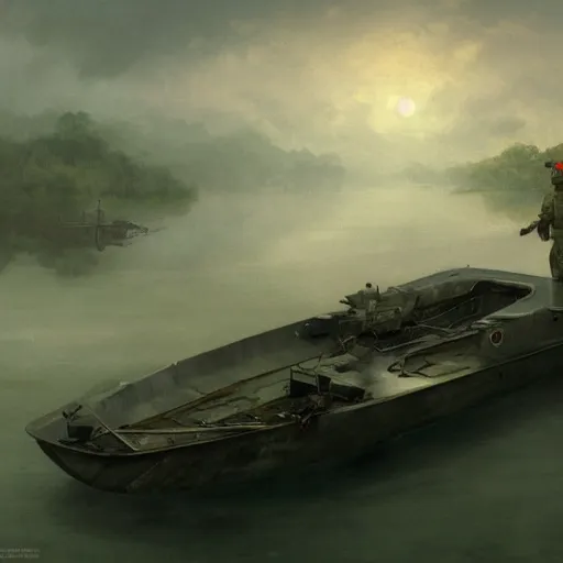 Image similar to jungle river army patrol boat tail of a crashed plane in the water, moody ambience, fog, smoke, dramatic, painting by mullins, repin, mucha, zorn, 4 k, trending on artstation