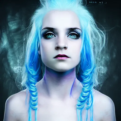 Prompt: The dragon girl portrait, portrait of young girl half dragon half human, dragon girl, dragon skin, dragon eyes, dragon crown, blue hair, long hair, highly detailed, cinematic lighting, by Tim Burton and David Lynch
