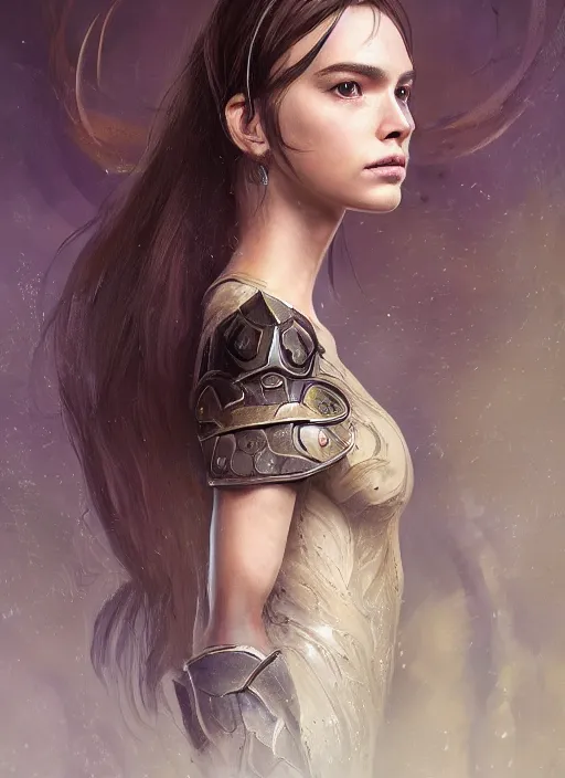 Image similar to a professional portrait of a beautiful young female, clothed in ethereal battle armor, olive skin, long dark hair, beautiful bone structure, symmetrical facial features, intricate, elegant, digital painting, concept art, smooth, sharp focus, finely detailed, illustration, from Valerian and the City of a Thousand Planets, in the style of Ruan Jia and Mandy Jurgens and Artgerm and Greg Rutkowski and William-Adolphe Bouguerea