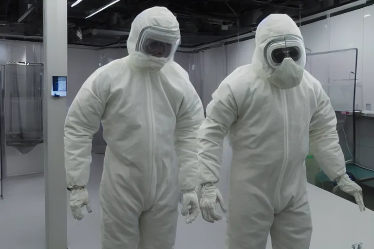 Prompt: man wearing hazmat suit in cleanroom 3D printing large humanoid. by Roger Deakins
