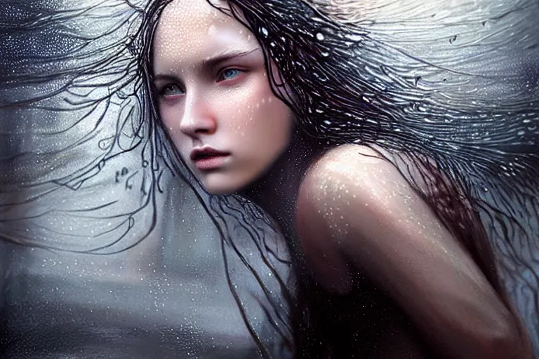 Image similar to girl flying freely in rain with wet hair and face, glowing eyes, fantasy, captivating dynamic facial expression, intricate, elegant, dramatic lighting, emotionally evoking symbolic metaphor, highly detailed, lifelike, photorealistic, digital painting, artstation, concept art, smooth, sharp focus, illustration, art by John Collier and Albert Aublet and Krenz Cushart and Artem Demura and Alphonse Mucha