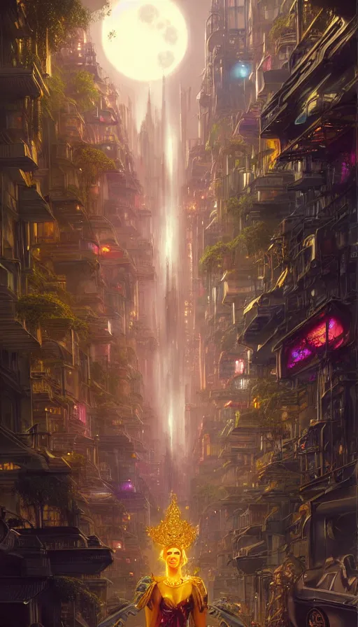 Prompt: golden goddess cutting a hyper realistic cyberpunk city in half with magic, crowded market street overtaken by lush plants, kittens, full moon, light rays, gnarly trees by tom bagshaw, mucha, gaston bussiere, craig mullins, j. c. leyendecker 8 k