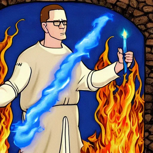 Prompt: hank hill as the saint of propane, white tshirt, blue jeans, surrounded by blue fire, surrounded by blue flames, renaissance religious painting, late gothic religious paintings, byzantine religious art, trending on artstation