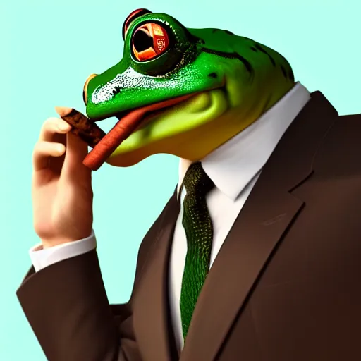 Prompt: a high quality photo of an antropomorphic frog wearing a suit smoking a cigar cigar cigar cigar, 3d scene, render, ultra realistic, artstation, cgsociety