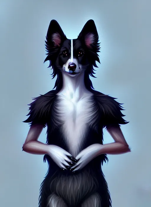 Image similar to full body digital painting of a cute male anthropomorphic border collie fursona wearing a mesh shirt, furaffinity, intricate, elegant, beautiful, fantasy, highly detailed, trending on artstation, art by charlie bowater and henry asencio and and ross tran