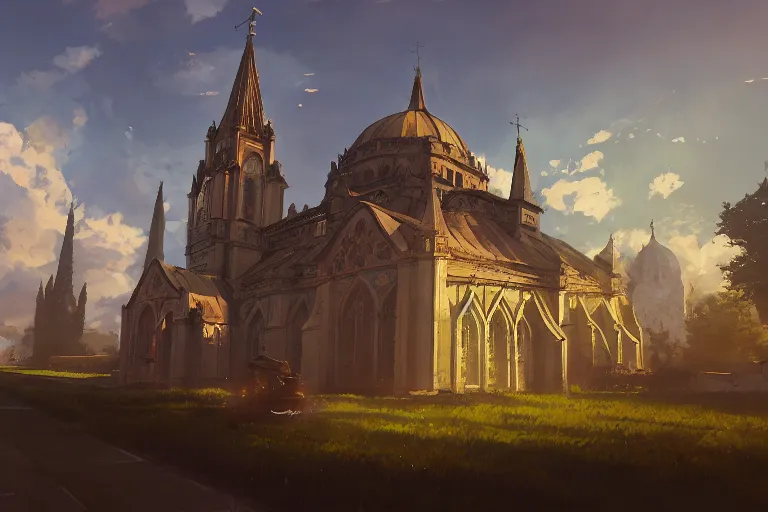 Image similar to concept art of a huge ornate church with lots of smaller chapels combined on top of a tank aka churchtank in an open field, key visual, ambient lighting, highly detailed, digital painting, artstation, concept art, sharp focus, by makoto shinkai and akihiko yoshida and greg manchess