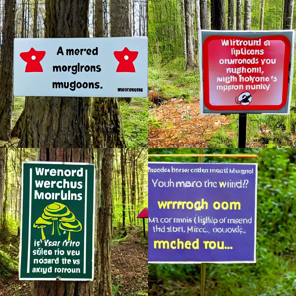 Prompt: a sign warning you of weird mushrooms