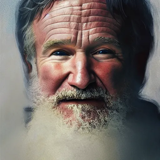 Prompt: robin williams is god, white beard, blue eyes, white robe, clouds, heaven, intricate, detailed, volumetric lighting, scenery, digital painting, highly detailed, artstation, sharp focus, illustration, concept art, ruan jia, steve mccurry