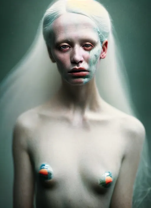 Prompt: cinestill 5 0 d photo portrait of a beautiful metamorphs with woman face, body in weird marble, white hair floating in air, in style of tim walker by roberto ferri, 1 5 0 mm lens, f 1. 2, ethereal, emotionally evoking, head in focus, bokeh volumetric lighting, tonal colors outdoor