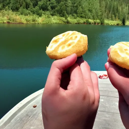 Prompt: two sad crumpets holding hands by a lake