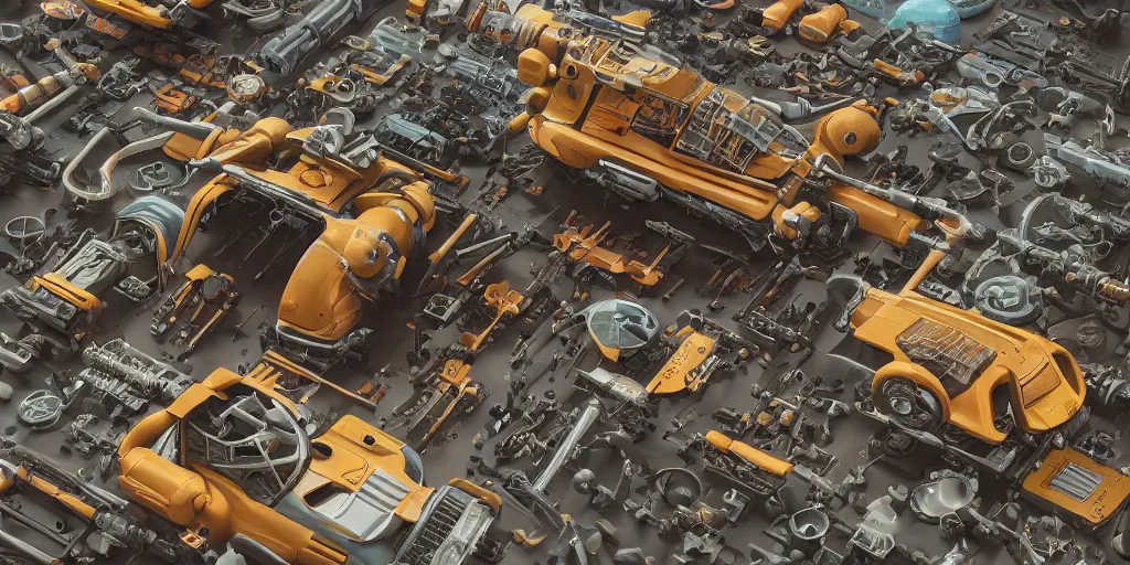 Image similar to collection of exploration of form and shapes, props, hard surface, panel, simon stalenhag, kitbash, items, gadget, big medium small, close up, vehicles, futuristic, parts, machinery, greebles, insanely detailed, case, hardware, golden ratio, wes anderson color scheme