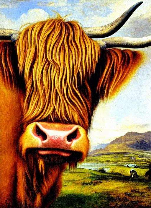 Image similar to oil portrait painting by hans holbein the elder of a highland cow.