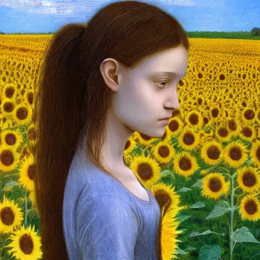 Image similar to a girl in amazing tall sunflower field, her hair flowing down, subtle, intricate details, real masterpiece, oil on canvas, by leonardo da vinci, vitalik buterin