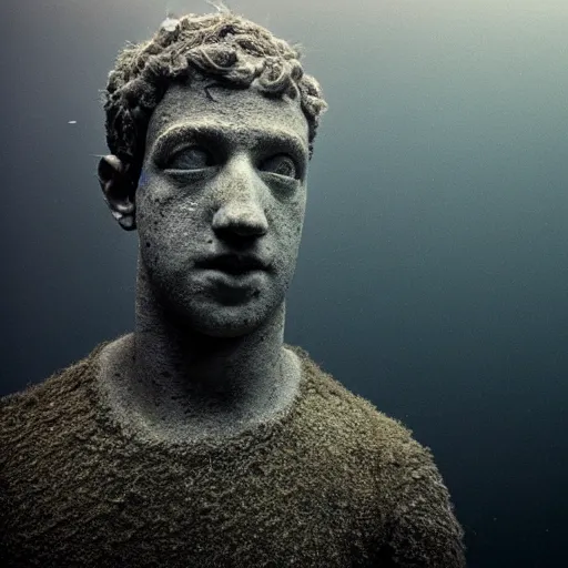 Image similar to Award-winning photograph by Mar Mann. The photo depicts a decaying roman bust of Mark Zuckerberg overgrown with moss at the bottom of the sea in the middle of ruins of civilization. Minimalism, high definition, perfect composition. Deep sea picture. Very dark. Volumetric Lighting. Fish. Darkness. Ruins