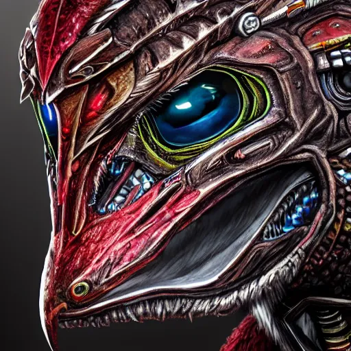 Prompt: 8k ultra realistic Illustration of a raptor with shining red eyes, detailed intricate ornate armour, decaing, cybernetic, full of colour, cinematic lighting, battered, trending on artstation, 4k, hyperrealistic, focused, extreme details, unreal engine 5, cinematic, masterpiece, art by ayami kojima, giger