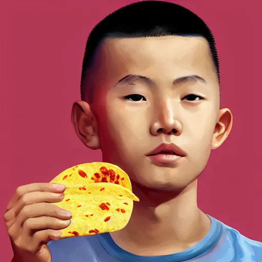 Image similar to dramatic portrait of chinese boy buzz cut, holding a taco, digital painting