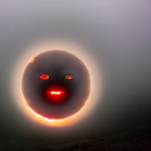 Image similar to the sun has a face with many eyes and teeth. seen through the fog