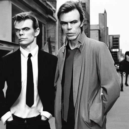 Prompt: David bowie and Michael c hall standing in the streets, nightlife, cityscape, surrealist