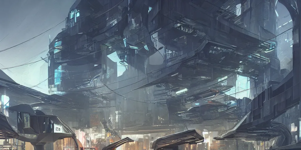 Prompt: a futuristic exterior mass effect and bladerunner building, multi - layer, large pipes, metal cladding wall, intricate wires, some stalls, back alley, intricate bridges between buildings, some floating billboards, backlit, shadow play, by eddie mendoza, syd mead