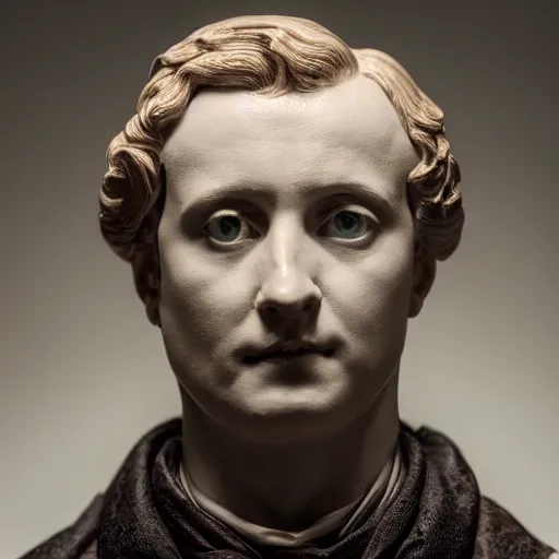 Image similar to photo of a polychromatic porcelain portrait bust of paul atreides, 1 8 th century style, studio lighting, british museum, 4 k