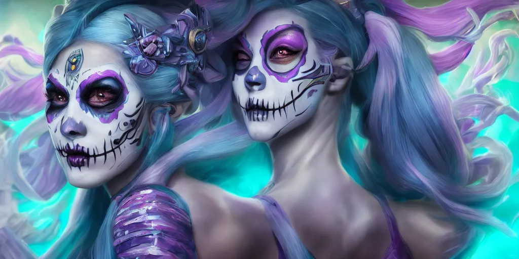 Image similar to uhd portrait photography mirror of jinx from league of legends with her face painted as in the dia de los muertos, coherent portraits, mmorpg fantasy, intricate, elegant, highly detailed, digital painting, trending on artstation, hdr photo, smooth, sharp focus, illustration, art by artgerm and greg rutkowski and alphonse mucha