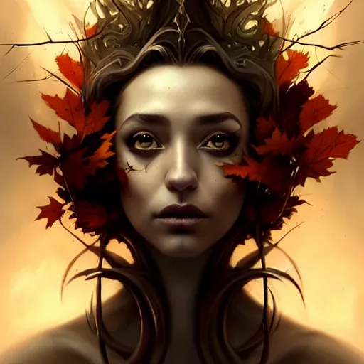 Image similar to beautiful stella maeve magician, in the style of peter mohrbacher, artgerm, tom bagshaw, realistic character concept, bird's eye overhead shot, elegant pose, spooky, illustration, symmetrical face and body, volumetric lighting, detailed realistic symmetrical eyes, 8 k, single face, insanely detailed and intricate elegant, autumn leaves