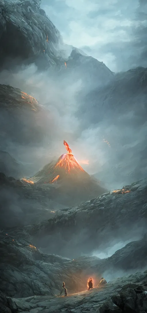 Prompt: Frodo throwing the ring of power into the fires of Mount Doom, dynamic lighting, cinematic, establishing shot, extremly high detail, foto realistic, cinematic lighting, post processed, concept art, artstation, matte painting, style by ghibli, myazaki