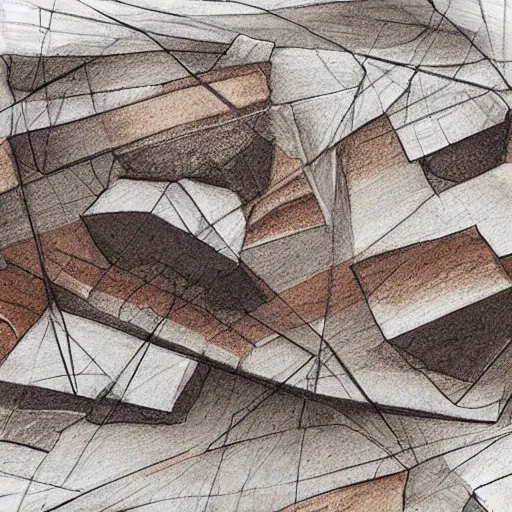 Prompt: masterpiece abstract high detailed intricate painting of many - layered angled rocky field along a three - quarters landscape surface of squared shapes. sloping thin pencil rough sketch lines provide a sense of movement. dramatic use of light to create a sense of a stony surface. using engineering techniques and a rich dark earthy color palette, providing a physical mathematical feel.