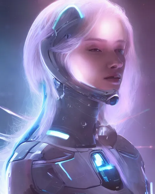 Image similar to perfect android girl on a mothership, warframe armor, beautiful face, scifi, futuristic, galaxy, nebula, raytracing, dreamy, long white hair, blue cyborg eyes, sharp focus, cinematic lighting, highly detailed, artstation, divine, by gauthier leblanc, kazuya takahashi, huifeng huang