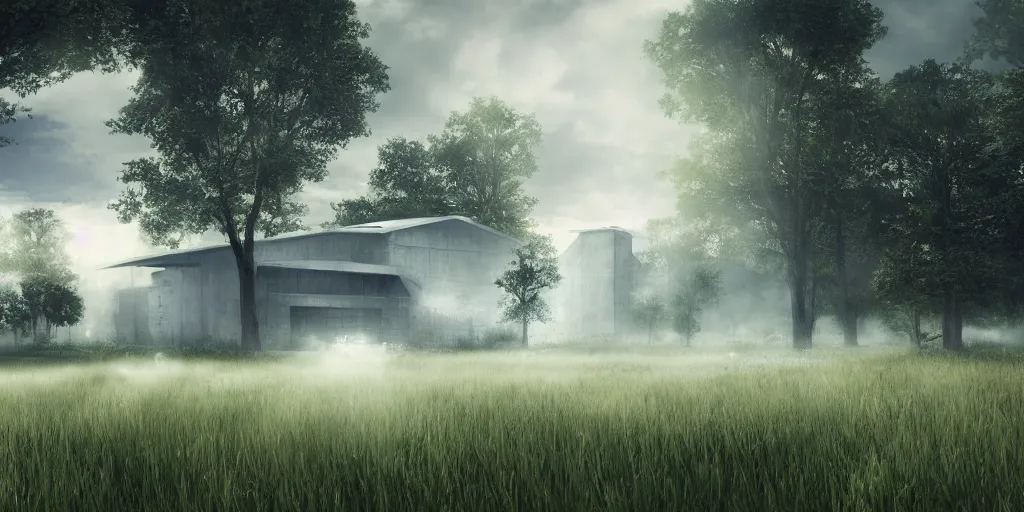 Image similar to large white sci-fi building, next to farm fields and trees, sense of hope, digital art, art station, volumetric lighting, extremely detailed