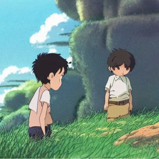 Prompt: kind guy and small friendly creature looking at each other, made by Studio Ghibli detailed art, beautiful scene, , sharp focus, smooth,