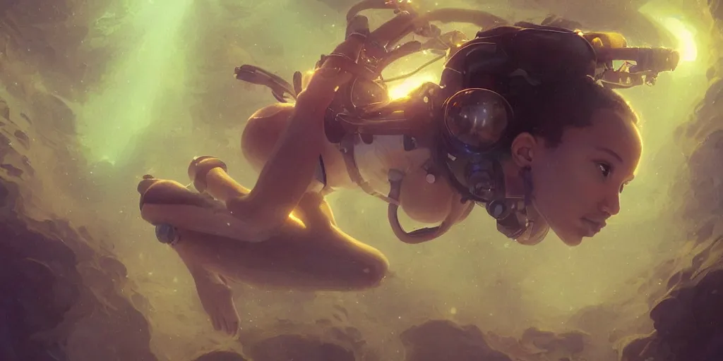 Prompt: Zoe Kravitz as an astronaut, underwater in the ocean at night, eerie atmospheric cave, volumetric lighting, glowing lights, 4k, octane, digital painting, artstation, concept art, sharp focus, illustration, art by artgerm and greg rutkowski and alphonse mucha wide angle view,