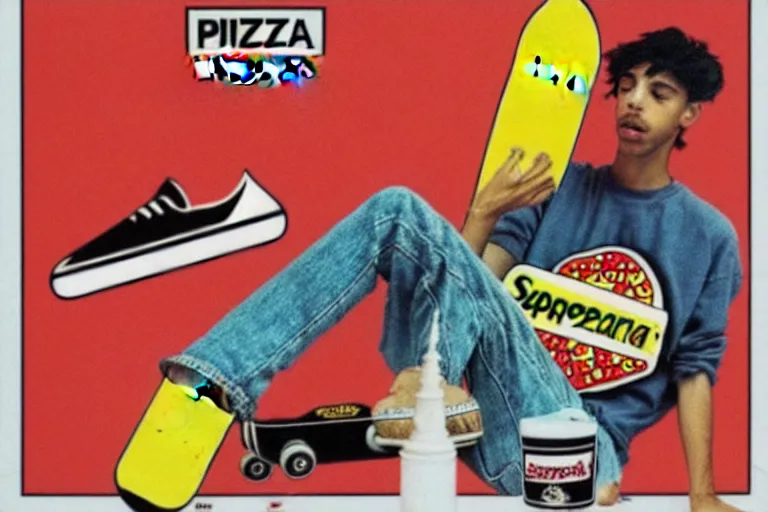 Image similar to 80s, skateboard, supremepizza, advertisement